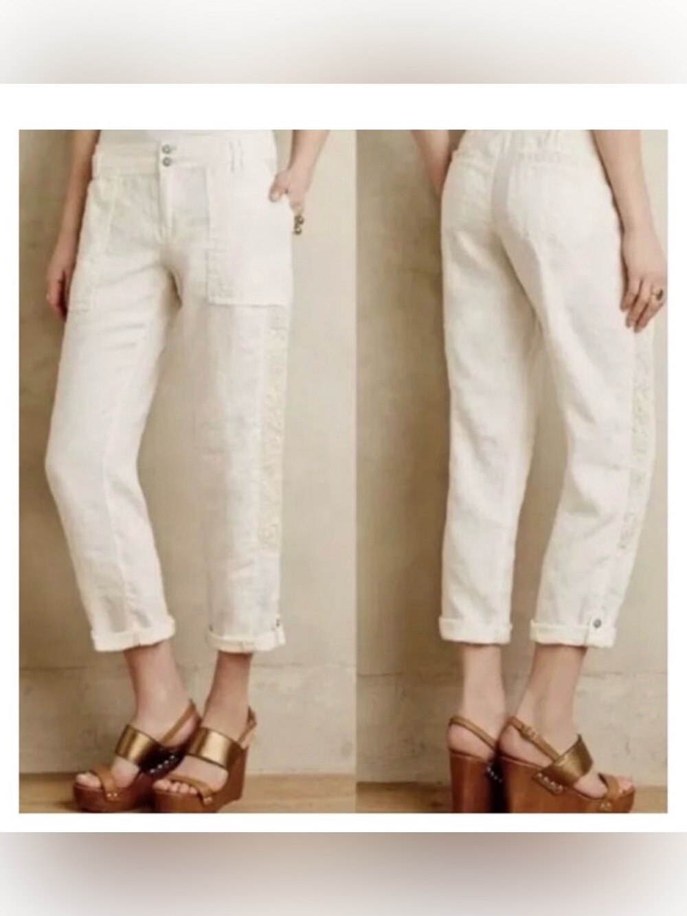 Anthropologie Hei Hei Linen Pants Size 29 Cream Crochet Lace Boho Cropped